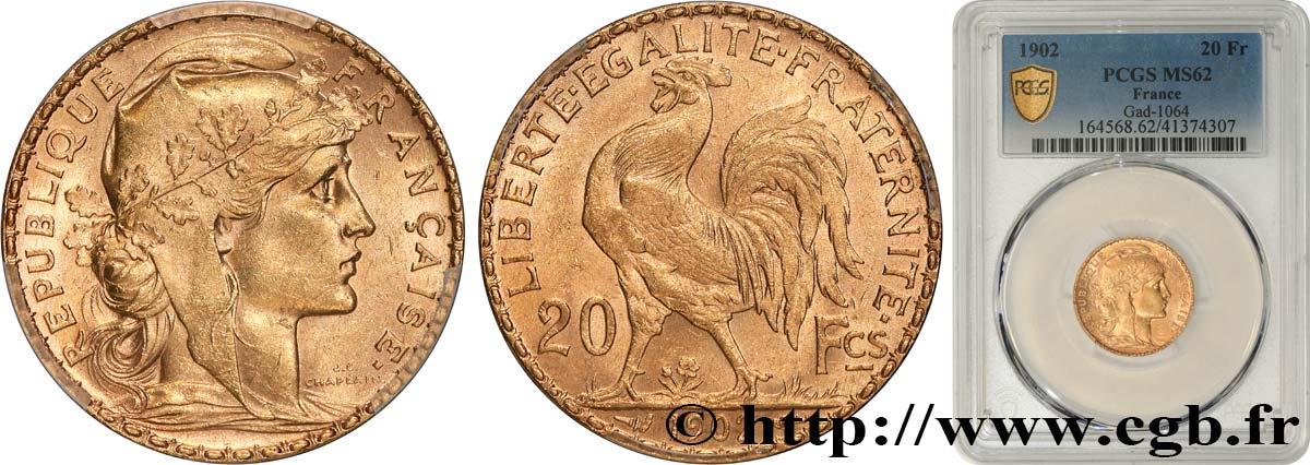 20 francs or Coq, Dieu protège la France 1902 Paris F.534/7 SUP62 PCGS