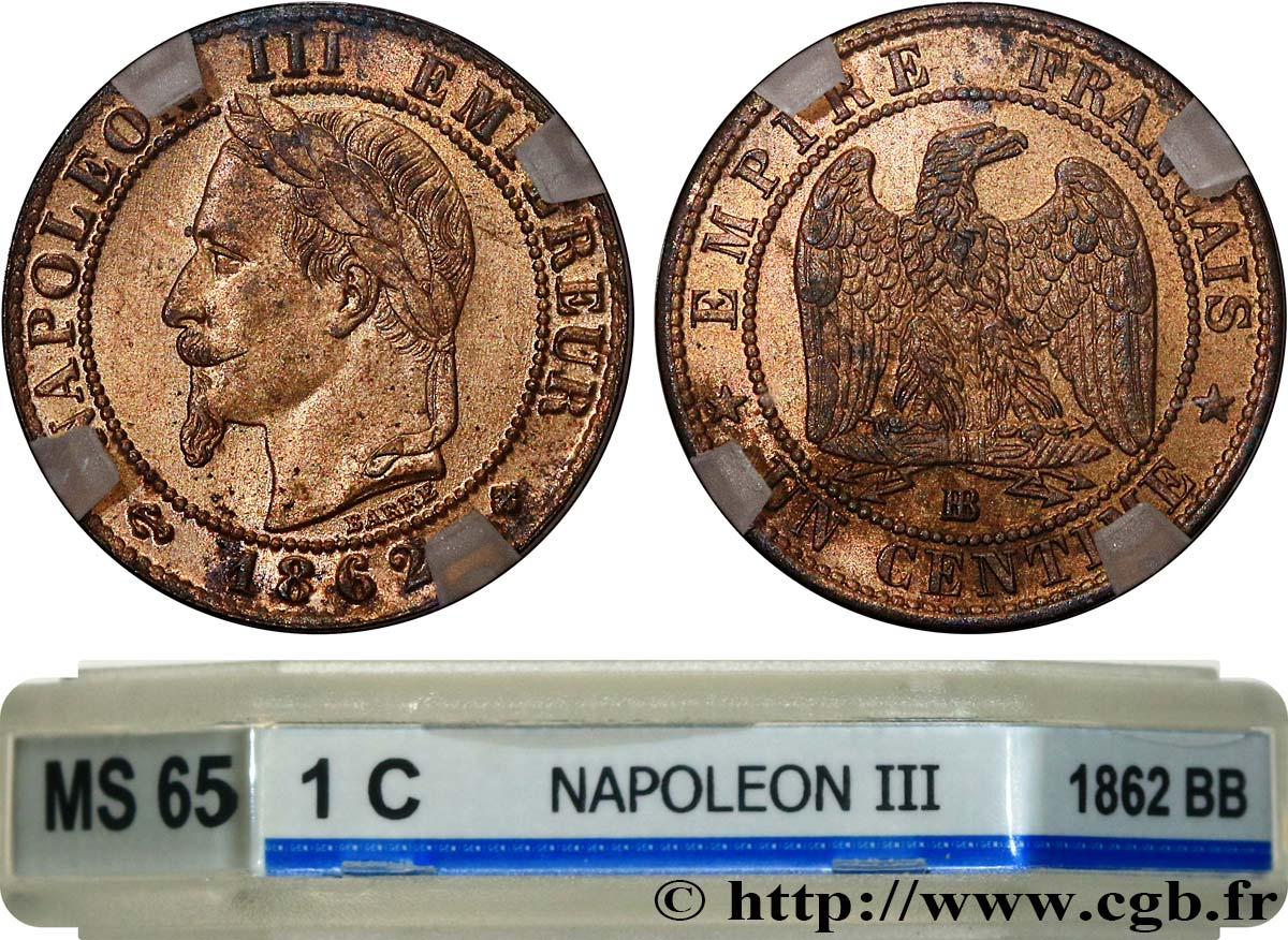 Un centime Napoléon III, tête laurée, petit BB 1862 Strasbourg F.103/5 MS65 GENI