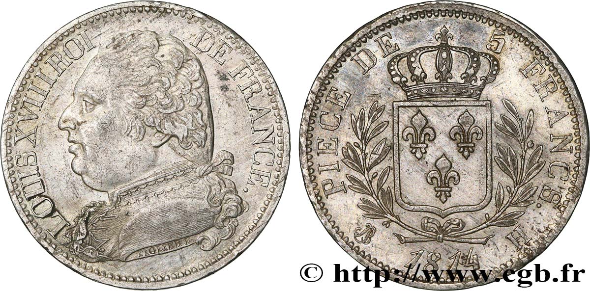 5 francs Louis XVIII, buste habillé 1814 La Rochelle F.308/5 MBC53 