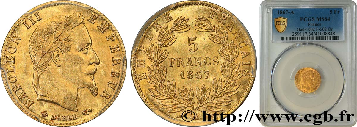 5 francs or Napoléon III, tête laurée 1867 Paris F.502/11 fST64 PCGS