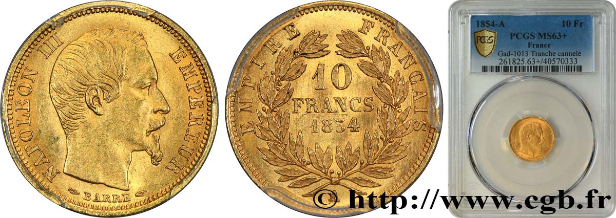 10 francs or Napoléon III tête nue, petit module, tranche cannelée 1854 Paris F.505A/1 MS63 PCGS