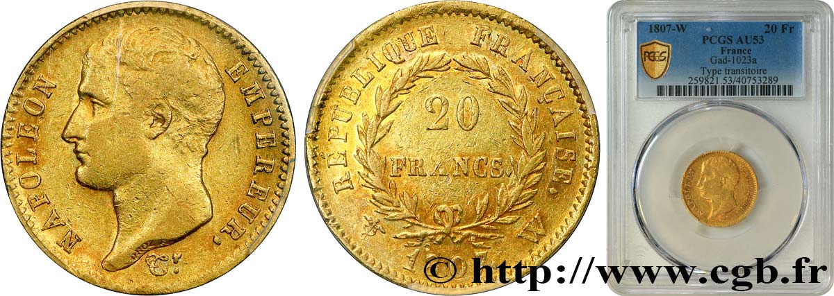 20 francs Napoléon tête nue, type transitoire 1807 Lille F.514/4 SS53 PCGS