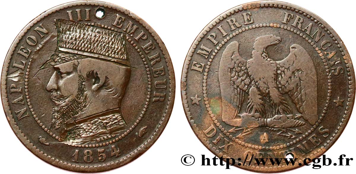 Dix centimes Napoléon III, tête nue, satirique pour le Général Boulanger 1854 Paris F.133/11 var. TB