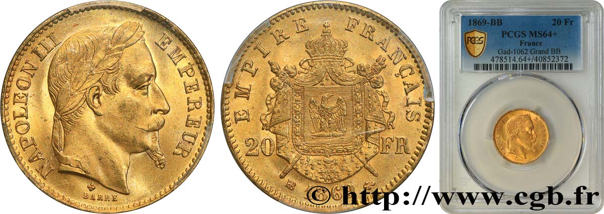 20 francs or Napoléon III, tête laurée, petit BB 1869 Strasbourg F.532/21 fST64 PCGS