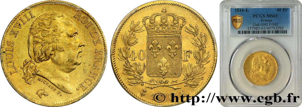 40 francs or Louis XVIII 1816 Bayonne F.542/3 MS61 PCGS