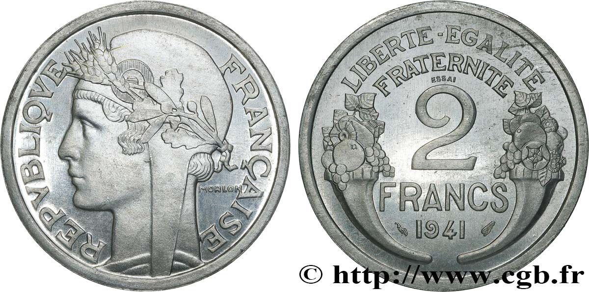 ESSAI de 2 francs Morlon sur flan épais, aluminium 1941 Paris GEM.114 5 var. MS65 