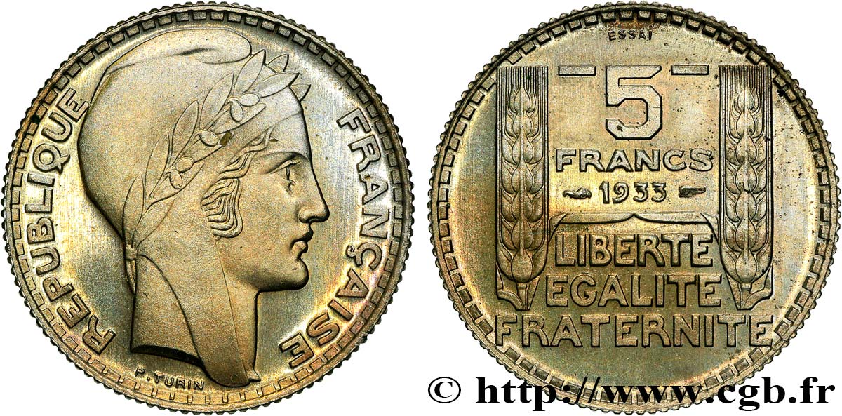Essai de 5 francs Turin en bronze-nickel 1933 Paris GEM.140 14 MS 