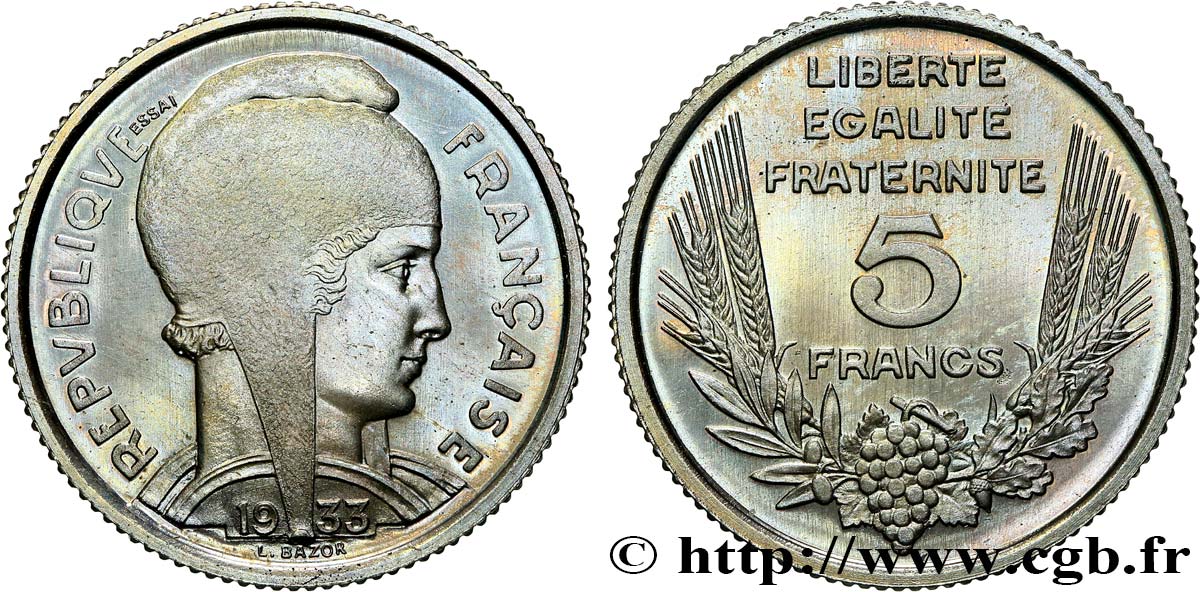 Essai de 5 Francs Bazor en Cupro-Nickel 1933 Paris GEM.134 10 MS65 