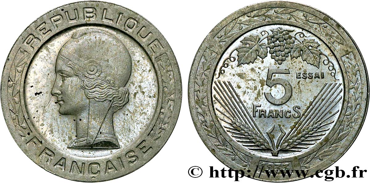 Concours de 5 francs, essai de Vézien, petit module, en maillechort 1933 Paris GEM.139 5 MS62 