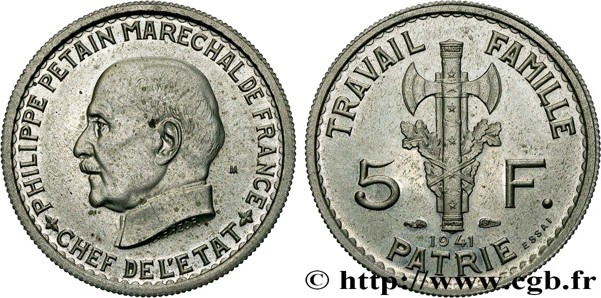 Essai de 5 francs Pétain en maillechort, 2e projet de Bazor 1941 Paris GEM.142 37 MS63 