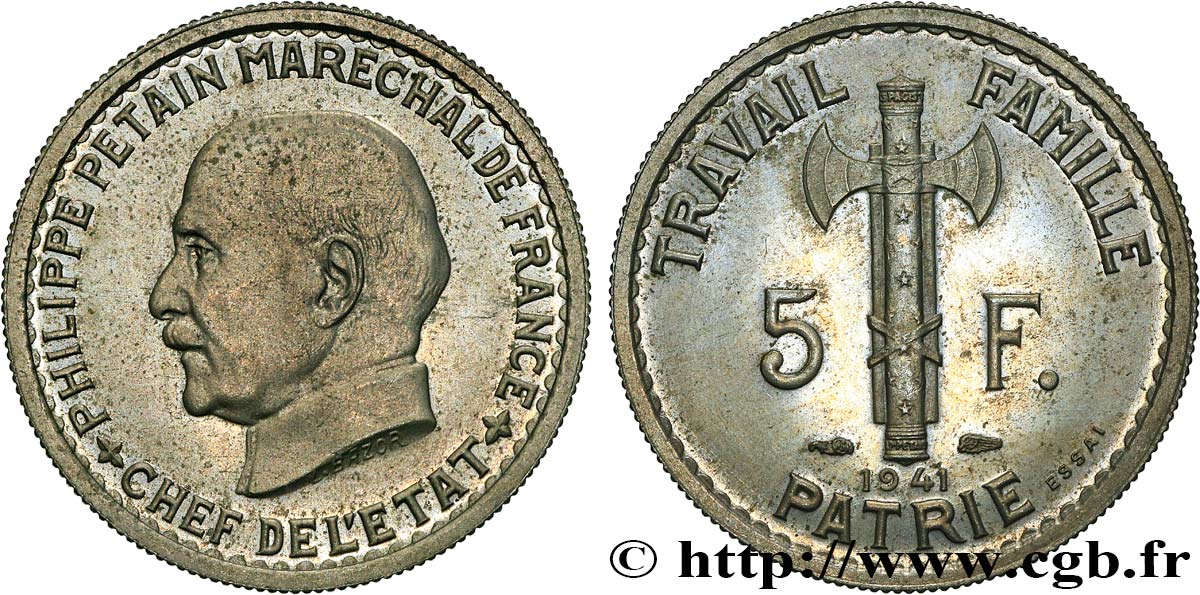 Essai de 5 francs Pétain en cupro-nickel, 3e projet de Bazor 1941 Paris GEM.142 53 MS63 