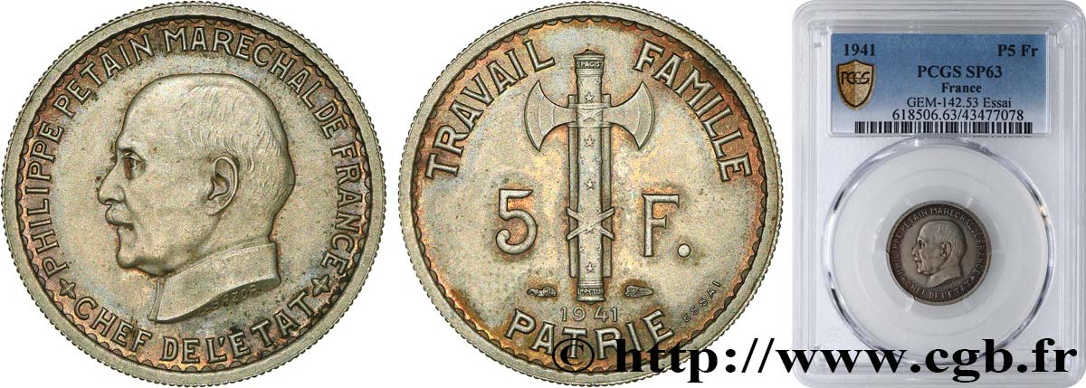 Essai de 5 francs Pétain en cupro-nickel, 3e projet de Bazor 1941 Paris GEM.142 53 SC63 PCGS