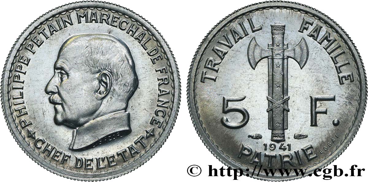 Essai de 5 francs Pétain en aluminium, 3e projet de Bazor (type adopté) 1941 Paris GEM.142 62 MS64 