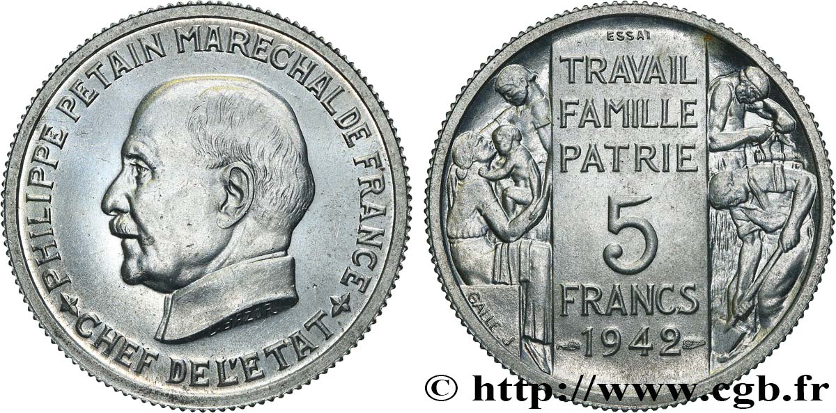 Essai grand module de 5 francs Pétain en aluminium par Bazor et Galle 1942 Paris GEM.143 3 MS64 