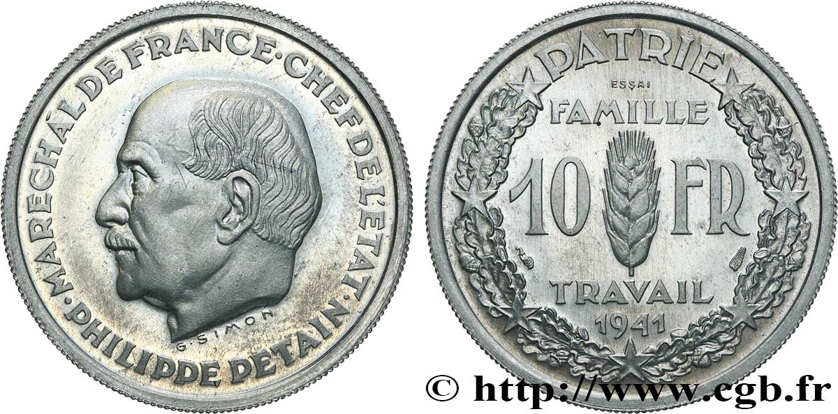 Essai de 10 Francs Pétain en aluminium par Simon, poids léger (2,50 g) 1941 Paris GEM.177 1 MS64 