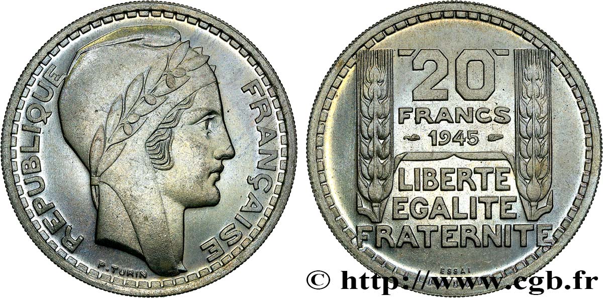 Essai de 20 francs Turin en cupro-nickel 1945 Paris GEM.206 1 ST65 
