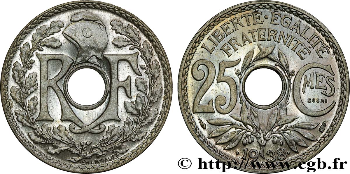 Essai de 25 centimes Lindauer, maillechort 1938 Paris F.172/1 MS66 