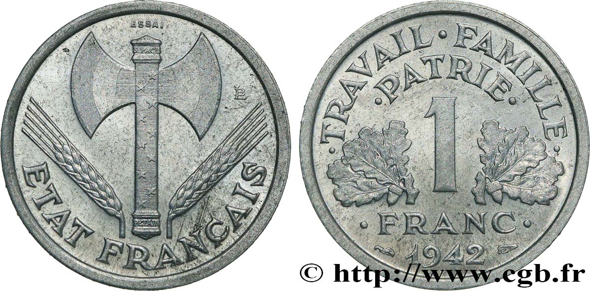 Essai de 1 franc Francisque, lourde 1942 Paris F.222/1 SPL62 