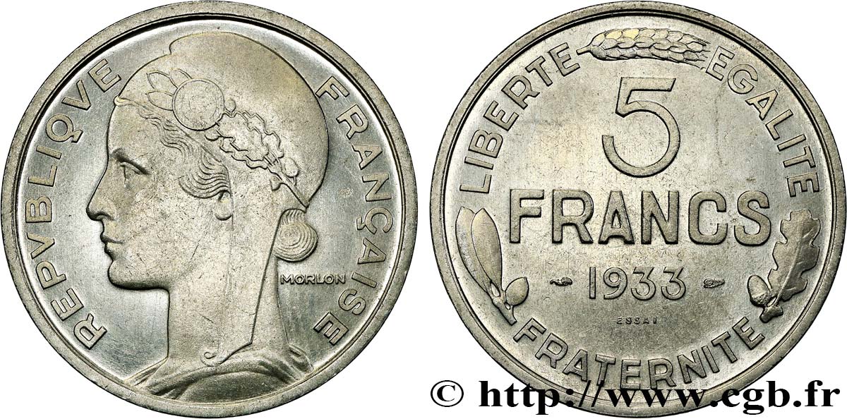 Concours de 5 francs, essai de Morlon en nickel 1933 Paris GEM.138 1 SC63 