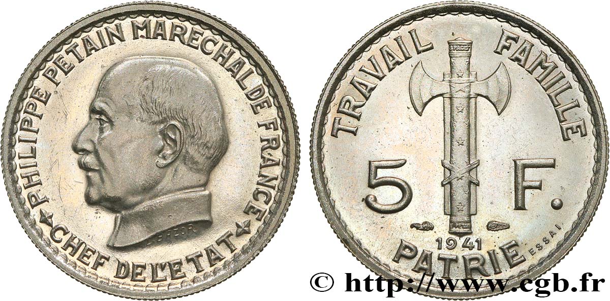 Essai de 5 francs Pétain en fer plaqué nickel, 3e projet de Bazor (type adopté) 1941 Paris GEM.142 60 SPL64 