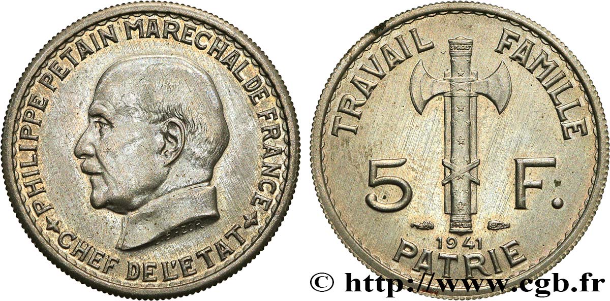 Pré-série de 5 francs Pétain, légère 1941 Paris GEM.142 59 SC 