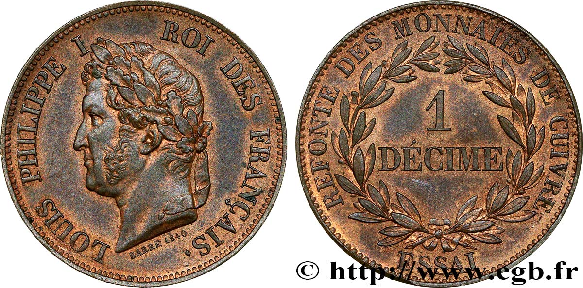 Essai de 1 décime en cuivre, poids léger 1840 Paris VG.2915  MS63 