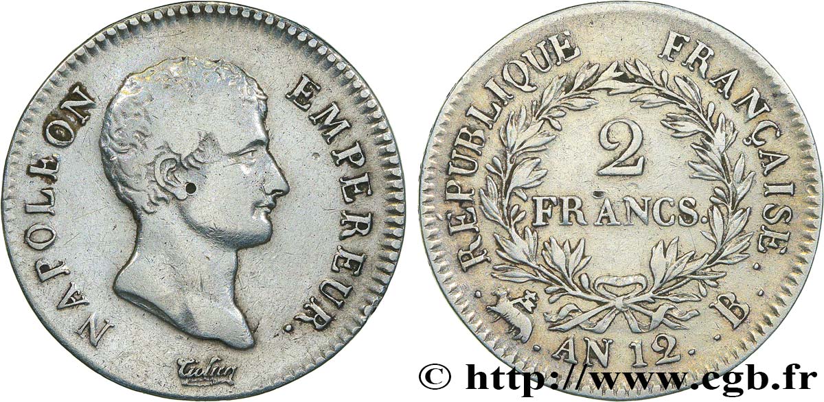 2 francs Napoléon Empereur, Calendrier révolutionnaire 1804 Rouen F.251/2 TB 