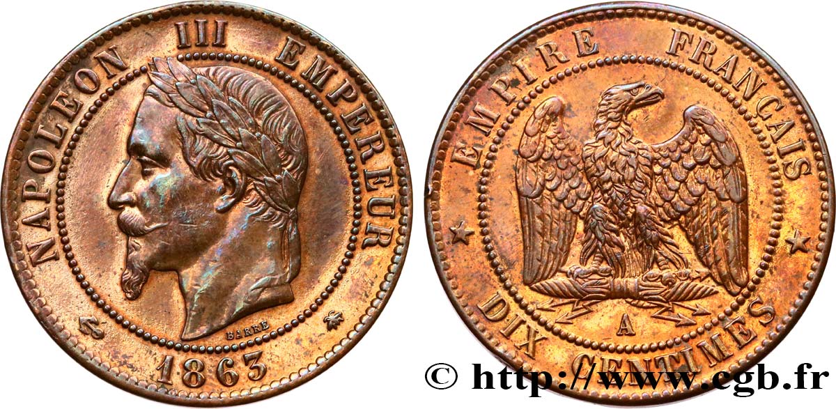 Dix centimes Napoléon III, tête laurée 1863 Paris F.134/10 TTB+