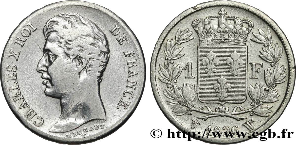 1 franc Charles X, matrice du revers à cinq feuilles 1826 Lille F.207/24 TB