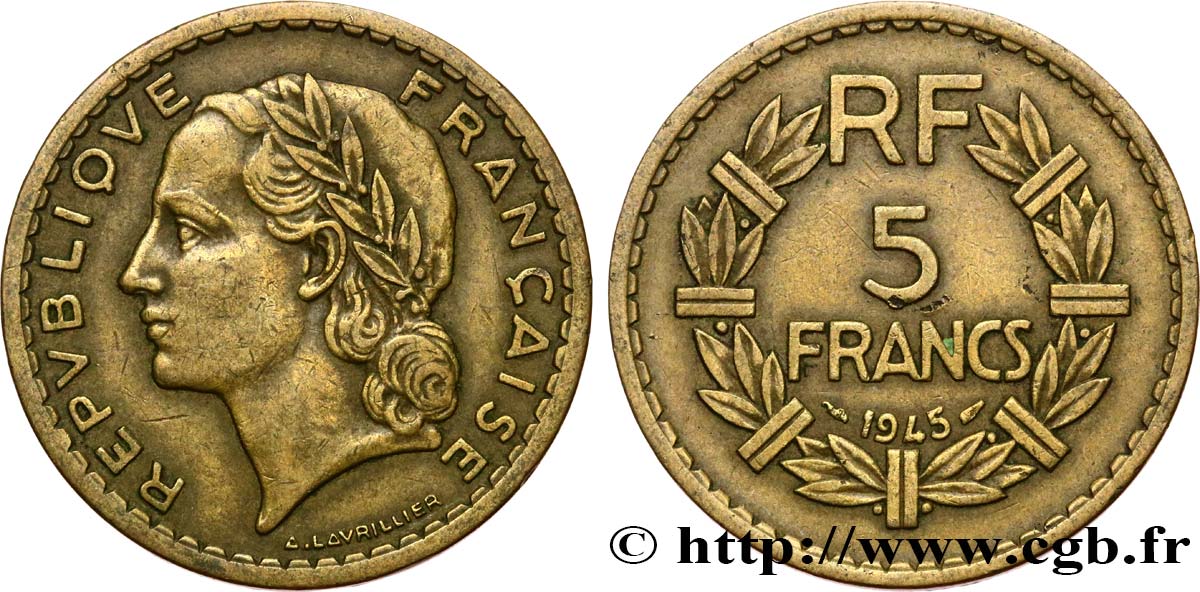 5 francs Lavrillier, bronze-aluminium 1945 F.337/5 BC+
