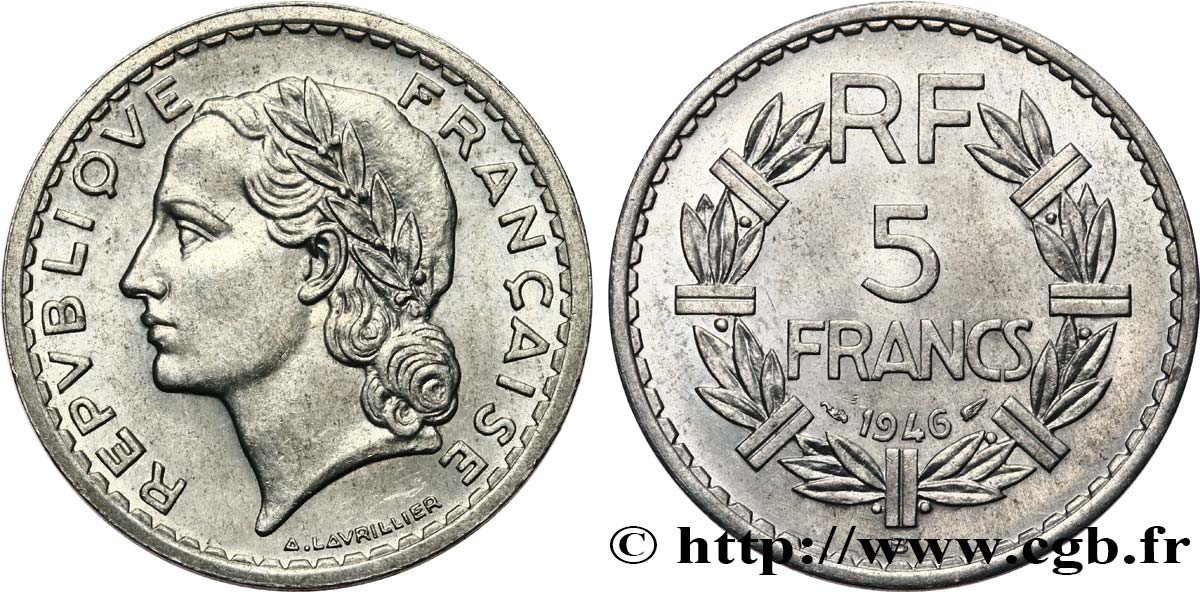5 francs Lavrillier, aluminium 1946 Beaumont-Le-Roger F.339/7 SPL55
