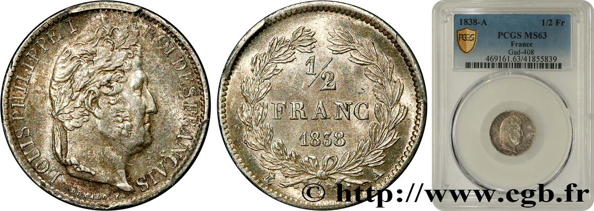 1/2 franc Louis-Philippe 1838 Paris F.182/73 SPL63 PCGS