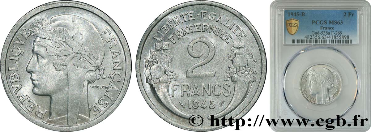 2 francs Morlon, aluminium 1945 Beaumont-Le-Roger F.269/6 MS63 PCGS
