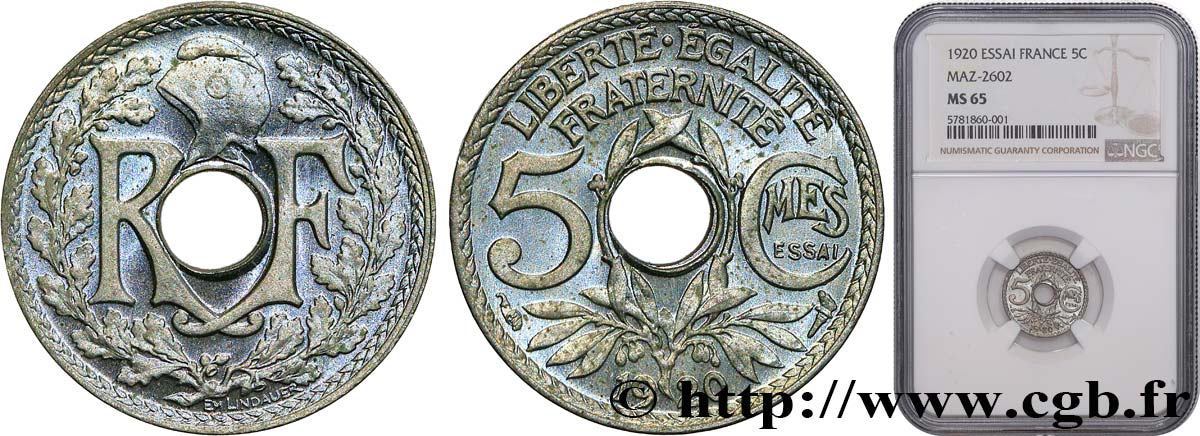 Essai de 5 centimes Lindauer, petit module 1920  F.122/1 FDC65 NGC