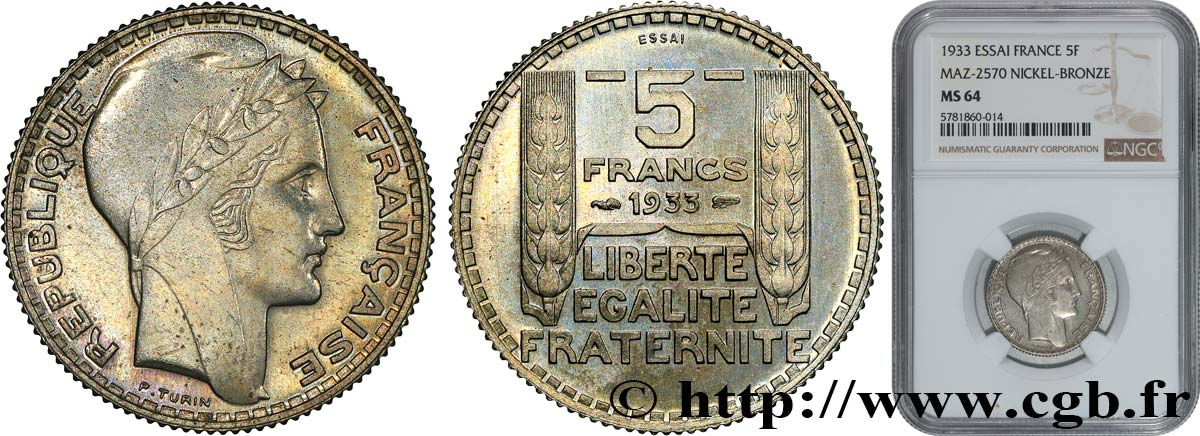 Concours de 5 francs, essai de Turin en cupro-nickel 1933 Paris GEM.140 11 SPL64 NGC