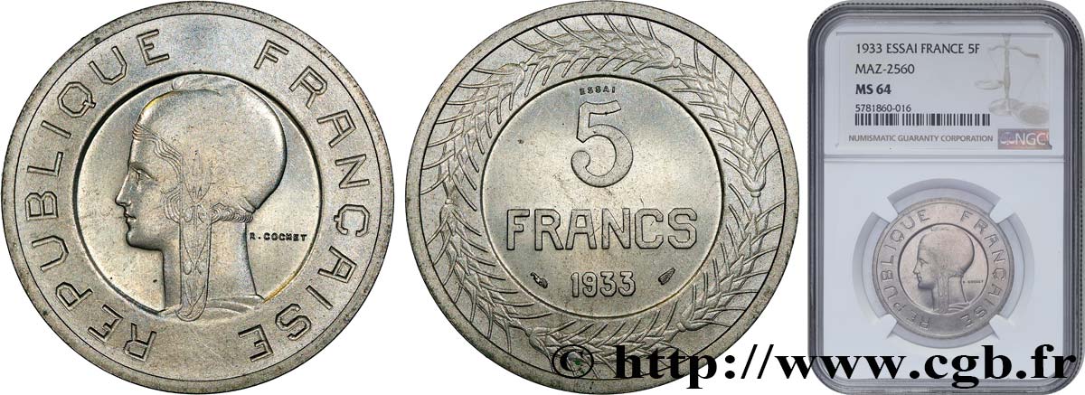 Concours de 5 francs, essai de Cochet en nickel 1933 Paris GEM.135 1 MS64 NGC