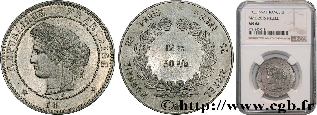 Concours de 5 francs, essai d’Oudiné (12 g / 30 mm) n.d. Paris GEM.141 3 MS64 NGC