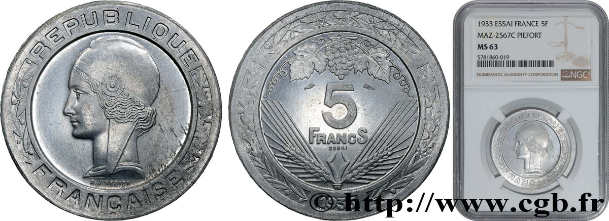 Concours de 5 francs, essai de Vézien en aluminium, lourd, 4,5 g (Piéfort ?) 1933 Paris GEM.139 4 MS63 NGC