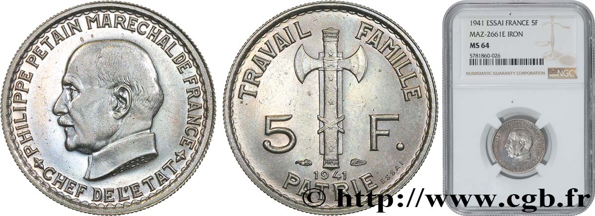 Essai de 5 francs Pétain en fer plaqué nickel, 3e projet de Bazor (type adopté) 1941 Paris GEM.142 60 SC64 NGC