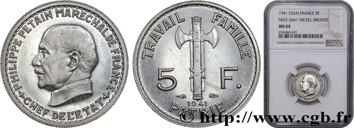Essai de 5 francs Pétain 1941 Paris F.338/1 SPL64 NGC