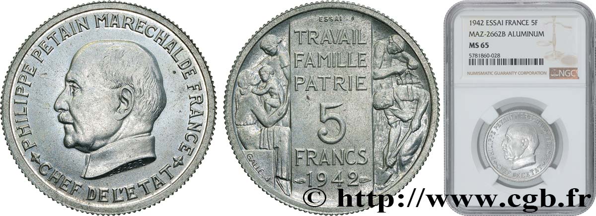 Essai grand module de 5 francs Pétain en aluminium par Bazor et Galle 1942 Paris GEM.143 3 ST65 NGC