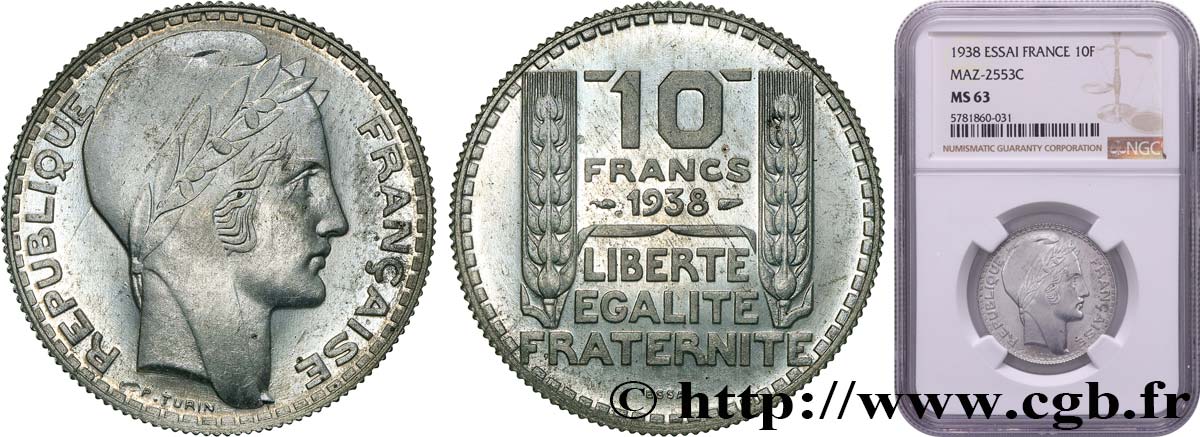 Essai en aluminium de 10 Francs Turin, tranche cannelée, lourd 1938 Paris GEM.173 4 fST63 NGC