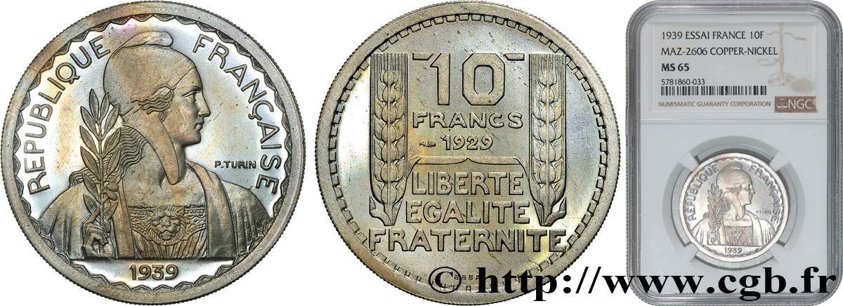 Essai hybride de 10 Francs Turin, grand module, listel large, 31 mm, 12 g, cupro-nickel n.d. Paris GEM.174 1 MS65 NGC
