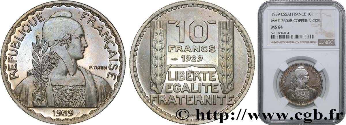Essai hybride de 10 Francs Turin, grand module, 30 mm, 10 g, cupro-nickel n.d. Paris GEM.174 9 SPL64 NGC