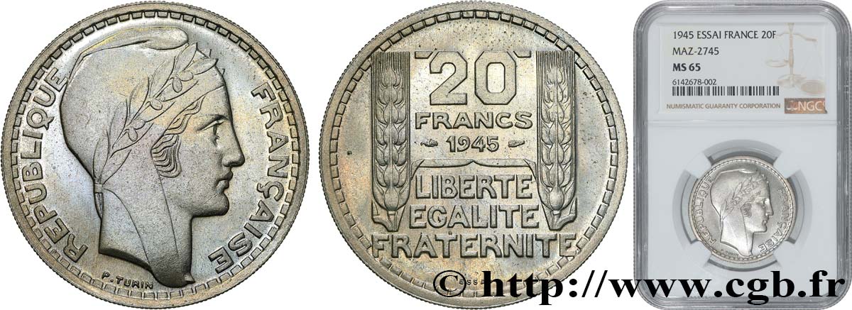 Essai de 20 francs Turin en cupro-nickel 1945 Paris GEM.206 1 MS65 NGC