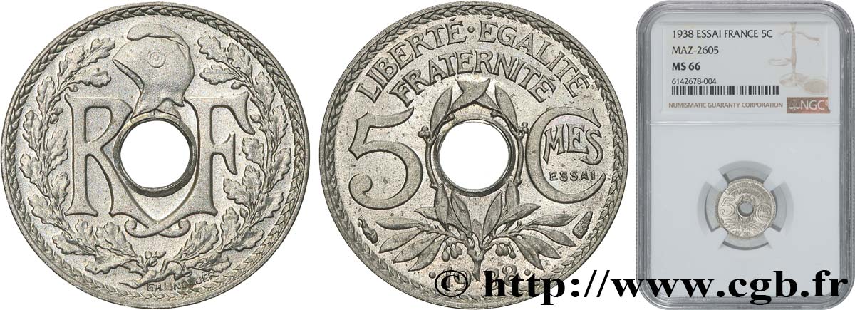 Essai de 5 centimes Lindauer maillechort, ESSAI en relief 1938 Paris F.123A/1 MS66 NGC