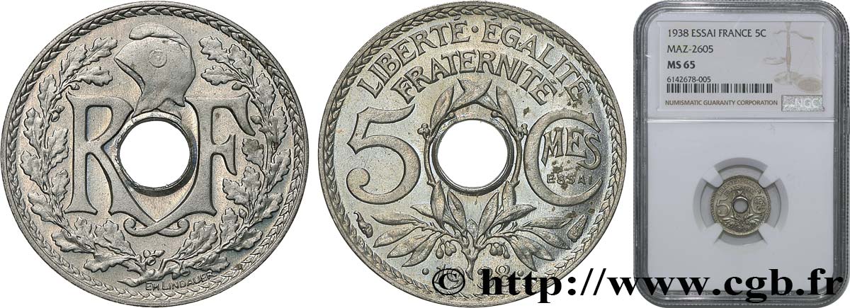 Essai de 5 centimes Lindauer maillechort, ESSAI en relief 1938 Paris F.123A/1 MS65 NGC