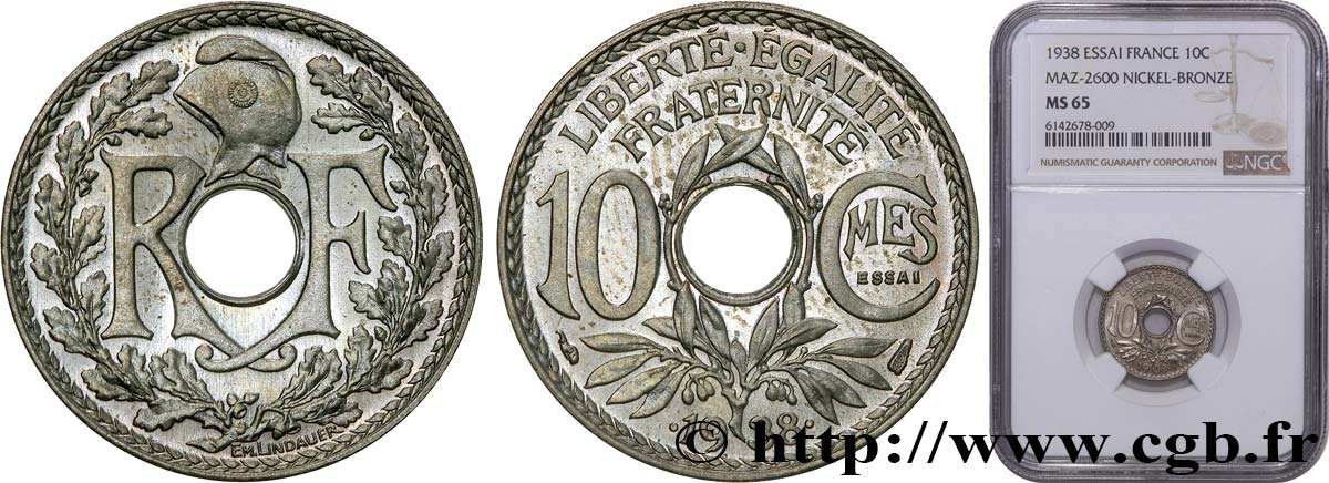 Essai de 10 centimes Lindauer, maillechort 1938 Paris F.139/1 ST65 NGC