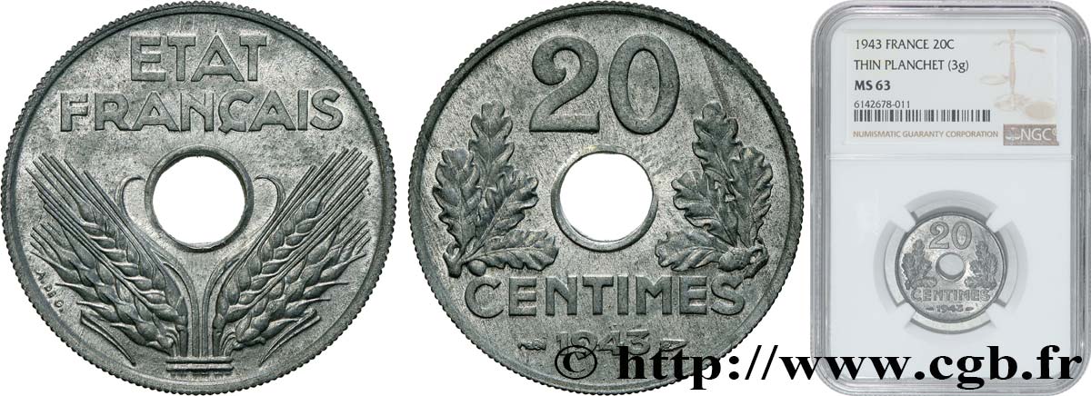 Pré-série sans le mot ESSAI de 20 centimes État français, légère, poids léger (2,88 g) 1943  F.153A/1 var. SPL63 NGC