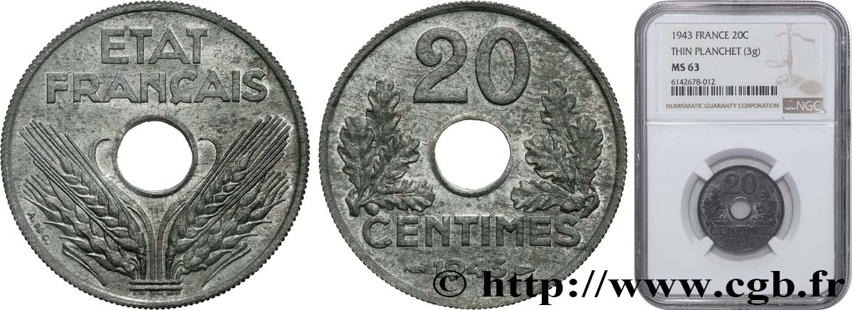 20 centimes État français, légère, poids très léger (2,80 g) 1943  F.153A/1 MS63 NGC
